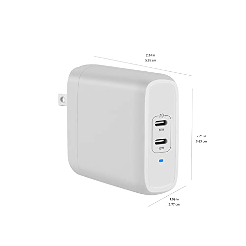 Amazon Basics 36W Two-Port USB-C Wall Charger with Power Delivery PD for Tablets & Phones (iPhone 14/13/12/11/X,iPad,Samsung)-White (non-PPS)