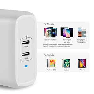 Amazon Basics 36W Two-Port USB-C Wall Charger with Power Delivery PD for Tablets & Phones (iPhone 14/13/12/11/X,iPad,Samsung)-White (non-PPS)