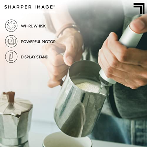 SHARPER IMAGE Electric Milk Frother with Stand & Drip Tray, Handheld Foam Maker with High-Powered Motor for Coffee Matcha Latte Frappe Cappuccino Hot & Cold Drinks, Premium Kitchen Accessory Gift