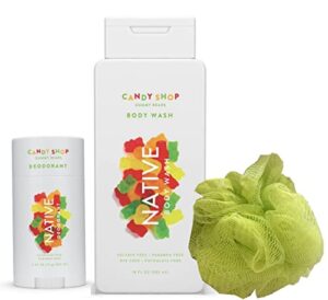 native special edition candy shop set | deodorant, body wash, and loofah – set of 3 (gummy bears)