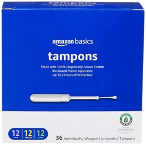amazon basics organic tampons with bio-based plastic applicator, light/regular/super absorbency multipack, unscented, 36 count, 1 pack