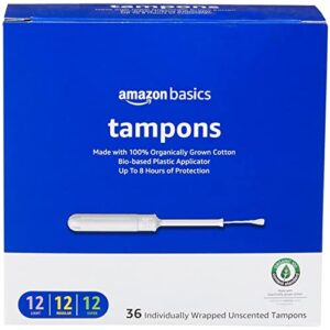 Amazon Basics Organic Tampons with Bio-Based Plastic Applicator, Light/Regular/Super Absorbency Multipack, Unscented, 36 Count, 1 Pack