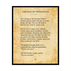 “the tale of two wolves” cherokee indian tale-vintage book page print -8 x 10″ spiritual wall art print-ready to frame. inspirational home-office-classroom-library decor. great native american sign!