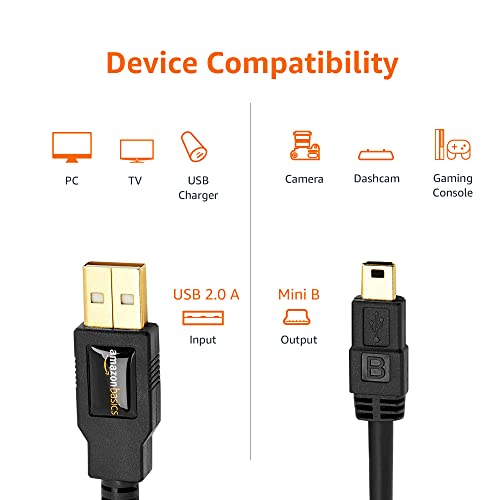 Amazon Basics USB 2.0 Cable - A-Male to Mini-B Cord - 6 Feet (1.8 Meters)Black- 1-Pack, for Personal Computer