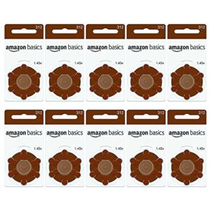 amazon basics 1.45 volt hearing aid batteries, brown tab – pack of 60, size 312 – improved performance