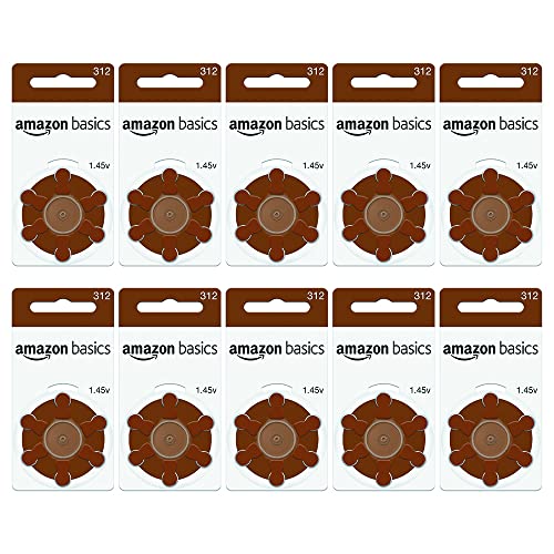 Amazon Basics 1.45 Volt Hearing Aid Batteries, Brown Tab - Pack of 60, Size 312 - Improved Performance