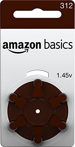 Amazon Basics 1.45 Volt Hearing Aid Batteries, Brown Tab - Pack of 60, Size 312 - Improved Performance