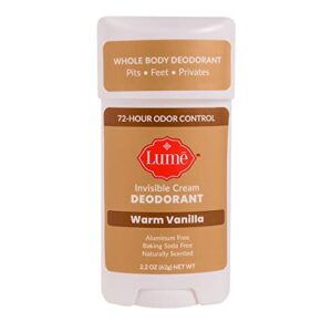 lume deodorant cream stick – underarms and private parts – aluminum-free, baking soda-free, hypoallergenic, and safe for sensitive skin – 2.2 ounce (warm vanilla)