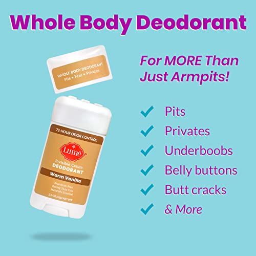 Lume Deodorant Cream Stick - Underarms and Private Parts - Aluminum-Free, Baking Soda-Free, Hypoallergenic, and Safe For Sensitive Skin - 2.2 Ounce (Warm Vanilla)