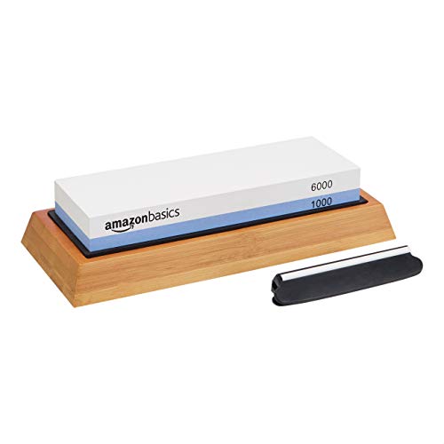 Amazon Basics Whetstone Knife Sharpening Wet Stone - Dual-Sided 1000/6000 Grit with Non-Slip Bamboo Base