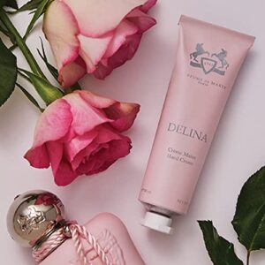 PARFUMS de MARLY - Delina Hand Cream - 1.0 Fl Oz - Ancillaries for Women - Top notes Rhubarb, Lychee, Bergamot Essence - Heart notes Turkish Rose, Peony, Vanilla - Base notes Cashmeran, Musk - 30ml