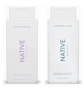native body wash twin pack | naturally derived clean ingredients, 18 fl oz (532 ml) each (lilac & white tea/ cashmere & rain)