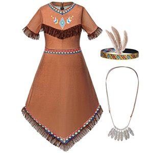 Native American Costume Girls Dress Indigenous American Indians Kids Cosplay 8-9 Years Brown