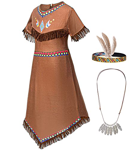 Native American Costume Girls Dress Indigenous American Indians Kids Cosplay 8-9 Years Brown