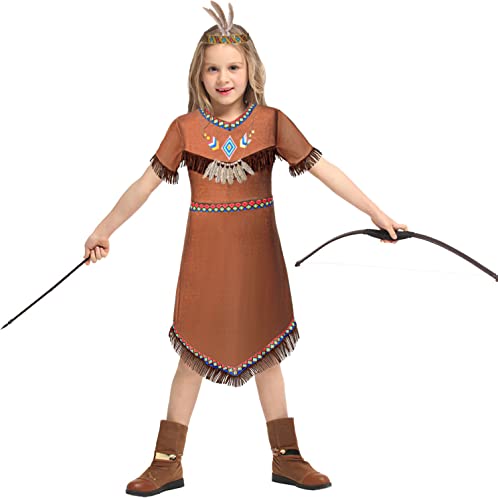 Native American Costume Girls Dress Indigenous American Indians Kids Cosplay 8-9 Years Brown