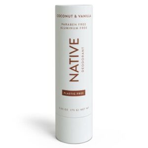 native plastic free deodorant | natural deodorant for women and men, aluminum free with baking soda, probiotics, coconut oil and shea butter | coconut & vanilla