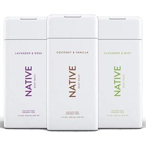 native body wash natural body wash for women, men | sulfate free, paraben free, dye free, with naturally derived clean ingredients leaving skin soft and hydrating, coconut & vanilla, lavender & rose, cucumber & mint 11.5oz – pack of 3