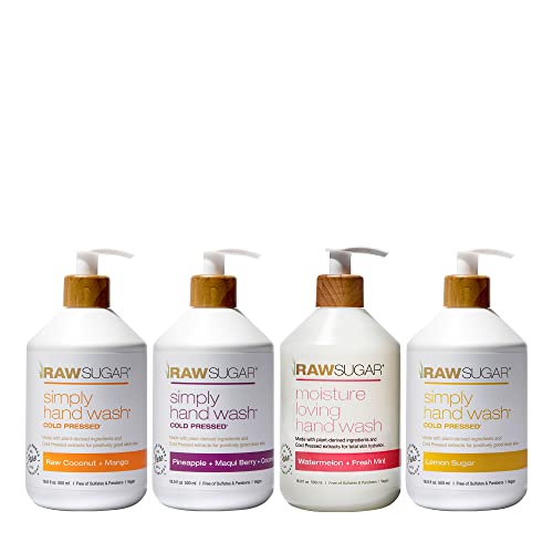 RAW SUGAR Hand Wash Variety Bundle - Lemon Sugar, Watermelon + Fresh Mint, Pineapple + Maqui Berry + Coconut & Raw Coconut + Mango, Sulfate-Free & Paraben-Free (Pack of 4)