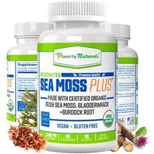 power by naturals usda organic sea moss plus bladderwrack and burdock root capsules for gut health, immune support & thyroid supplement (pure, no fillers, wildcrafted irish seamoss pills) 60ct.