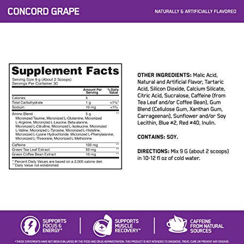 Optimum Nutrition Amino Energy - Pre Workout with Green Tea, BCAA, Amino Acids, Keto Friendly, Green Coffee Extract, Energy Powder - Concord Grape, 30 Servings