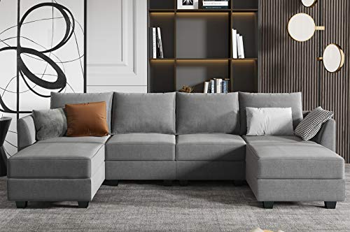 HONBAY Modular Sectional Sofa U Shaped Couch with Reversible Chaise Modular Couch Sectional Sofa with Ottomans, Grey