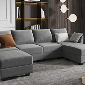 HONBAY Modular Sectional Sofa U Shaped Couch with Reversible Chaise Modular Couch Sectional Sofa with Ottomans, Grey