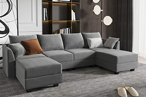 HONBAY Modular Sectional Sofa U Shaped Couch with Reversible Chaise Modular Couch Sectional Sofa with Ottomans, Grey