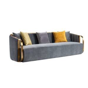 acanva mid-century modern sofa for living room with golden band sloped arm, channel tufted performance, 95”w couch, grey