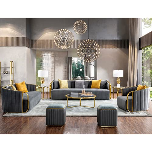 Acanva Mid-Century Modern Sofa for Living Room with Golden Band Sloped Arm, Channel Tufted Performance, 95”W Couch, Grey