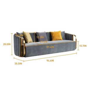 Acanva Mid-Century Modern Sofa for Living Room with Golden Band Sloped Arm, Channel Tufted Performance, 95”W Couch, Grey