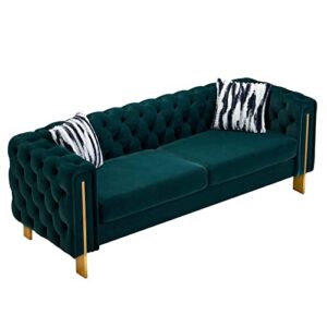 dolonm modern velvet sofa for living room, 84 inches long tufted couch upholstered sofa with 2 pillows high arm and metal legs decor furniture for bedroom, office (green)