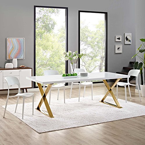 Modway Sector 87" Modern Dining Table with Gold Stainless Steel Metal X-Base in White Gold