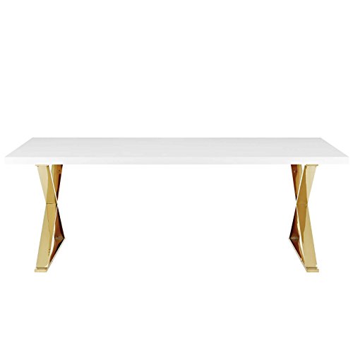 Modway Sector 87" Modern Dining Table with Gold Stainless Steel Metal X-Base in White Gold