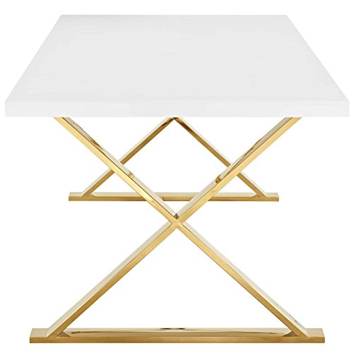 Modway Sector 87" Modern Dining Table with Gold Stainless Steel Metal X-Base in White Gold