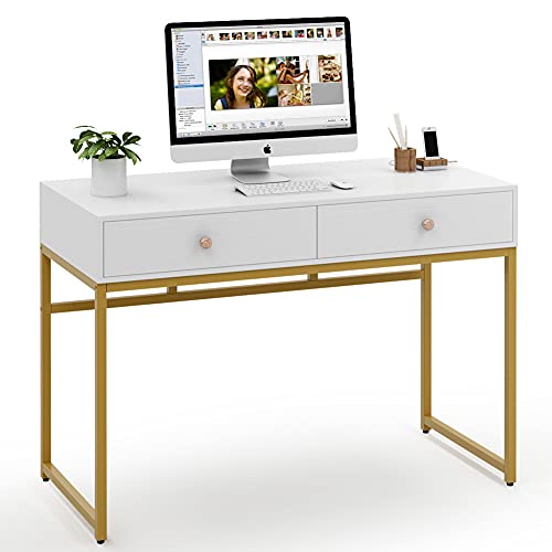 Tribesigns Computer Desk, Modern Simple 47 inch Home Office Desk Study Table Writing Desk with 2 Storage Drawers, Makeup Vanity Console Table, White and Gold