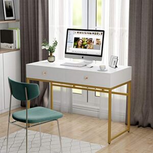 Tribesigns Computer Desk, Modern Simple 47 inch Home Office Desk Study Table Writing Desk with 2 Storage Drawers, Makeup Vanity Console Table, White and Gold