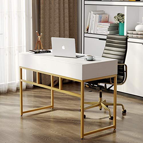 Tribesigns Computer Desk, Modern Simple 47 inch Home Office Desk Study Table Writing Desk with 2 Storage Drawers, Makeup Vanity Console Table, White and Gold