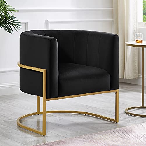 24KF Upholstered Living Room Chairs Modern Black Textured Velvet Accent Chair with Golden Metal Stand-Black