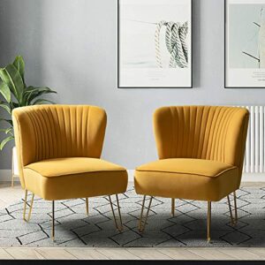 tina’s home modern velvet upholstered accent chair set of 2,velvet fabric tufted back single sofa,velvet comfy fabric golden metal legs armless side chair for living room vanity chair(mustard)