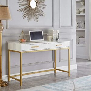 24kf modern century home office desk with lacquer finish golden metal base,console table with 2 drawers – 80612-white