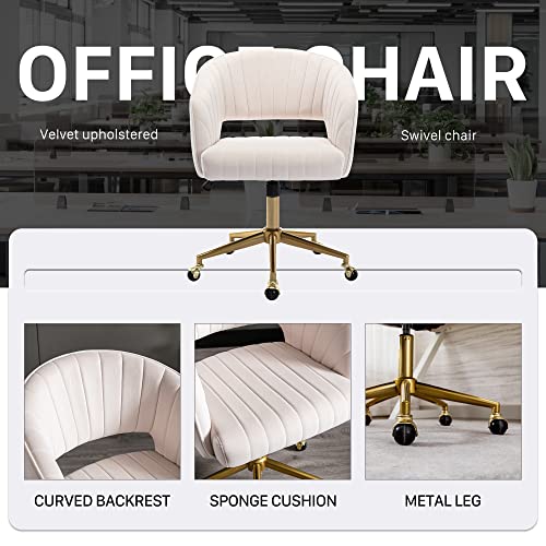Home Office Chair Swivel Velvet Desk Chair Accent Armchair Upholstered Modern Tufted Chairs with Gold Base for Girls Women Ergonomic Study Seat Computer Task Stools for Living Room(Cream)