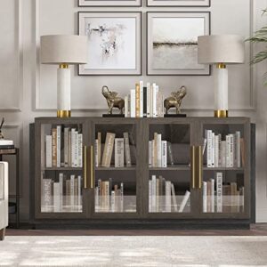BELLEZE Sideboard Buffet Cabinet, Modern Wood Glass-Buffet-Sideboard with Storage, Console Table for Kitchen, Dinning Room, Living Room, Hallway, or Entrance - Brixston (Brown)