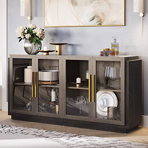 BELLEZE Sideboard Buffet Cabinet, Modern Wood Glass-Buffet-Sideboard with Storage, Console Table for Kitchen, Dinning Room, Living Room, Hallway, or Entrance - Brixston (Brown)