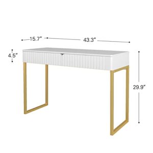 White Vanity Desk with 2 Drawers, Gold and White Desk,Home Office Desk Modern Makeup Vanity Table, Entryway Console Table, Sofa Table (Golden Legs)