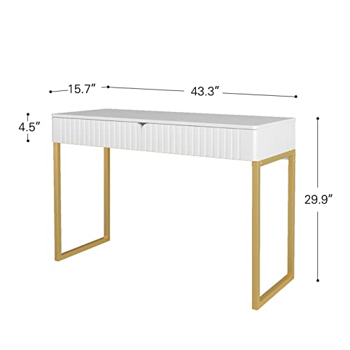 White Vanity Desk with 2 Drawers, Gold and White Desk,Home Office Desk Modern Makeup Vanity Table, Entryway Console Table, Sofa Table (Golden Legs)