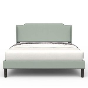 bonsoir queen size bed frame traditional upholstered low profile platform with wing back and nail trim headboard/no box spring needed/no bed skirt needed/soft linen fabric upholstery/light green