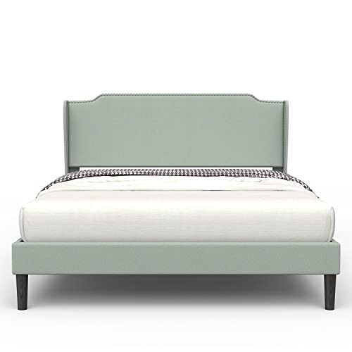 BONSOIR Queen Size Bed Frame Traditional Upholstered Low Profile Platform with Wing Back and Nail Trim Headboard/No Box Spring Needed/No Bed Skirt Needed/Soft Linen Fabric Upholstery/Light Green