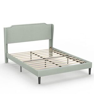BONSOIR Queen Size Bed Frame Traditional Upholstered Low Profile Platform with Wing Back and Nail Trim Headboard/No Box Spring Needed/No Bed Skirt Needed/Soft Linen Fabric Upholstery/Light Green
