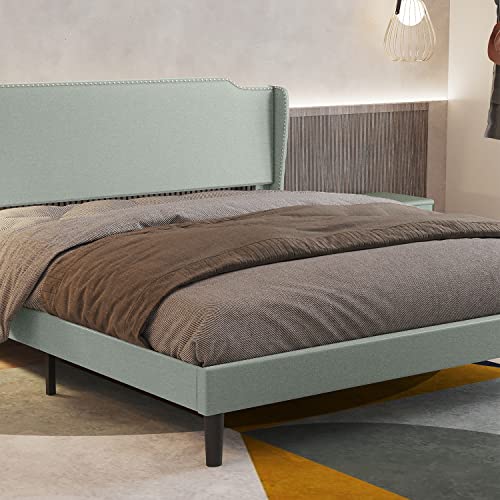 BONSOIR Queen Size Bed Frame Traditional Upholstered Low Profile Platform with Wing Back and Nail Trim Headboard/No Box Spring Needed/No Bed Skirt Needed/Soft Linen Fabric Upholstery/Light Green