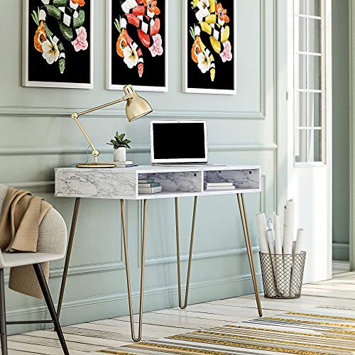 Novogratz Athena Computer Desk with Storage, White Marble